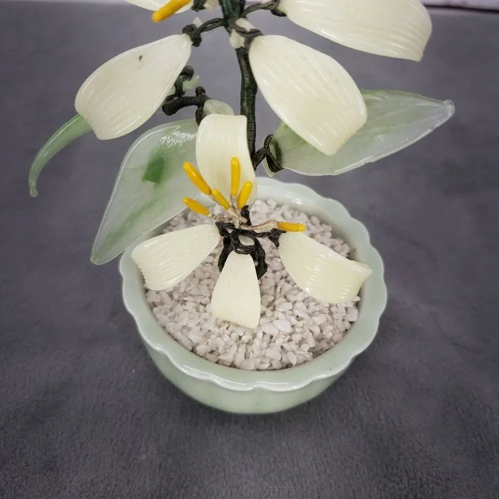 Taiwanese Spinach Jade & Semi Precious Gems Bonsai Tree, Vintage Bonsai Tree, Fl